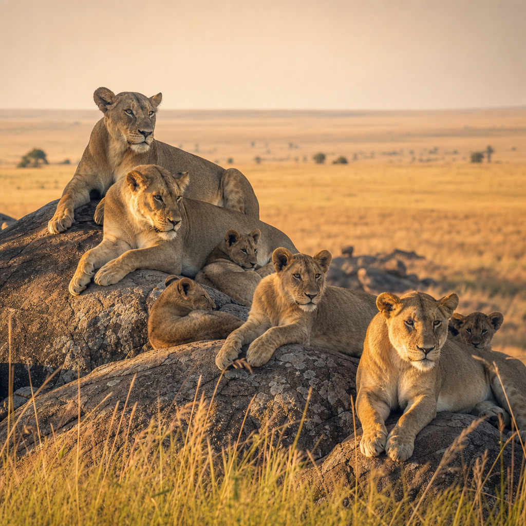 กลุ่มสิงโตพักผ่อนบนโขดหินในทุ่งหญ้า Masai Mara ท่ามกลางแสงสีทอง