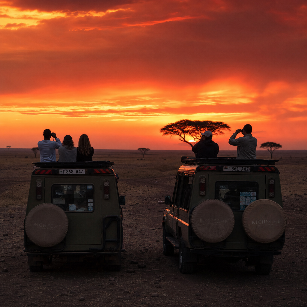 รถซาฟารีสองคันจอดชมพระอาทิตย์ตกดินในทุ่งหญ้า Masai Mara ยามเย็น